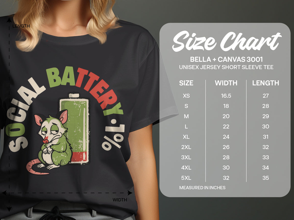 Dark t-shirt with opossum and "Social Battery 1%" graphic, and size chart.
