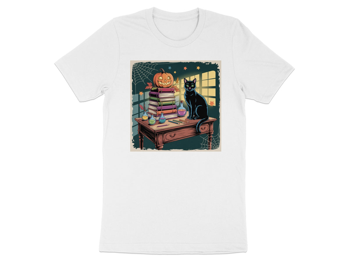 Black cat on a desk with stacked books, a jack-o'-lantern, and potion bottles.