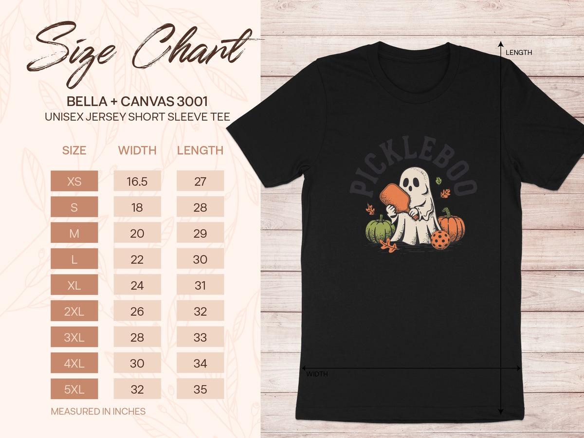 Bella + Canvas 3001 unisex tee size chart with pickleball ghost graphic.