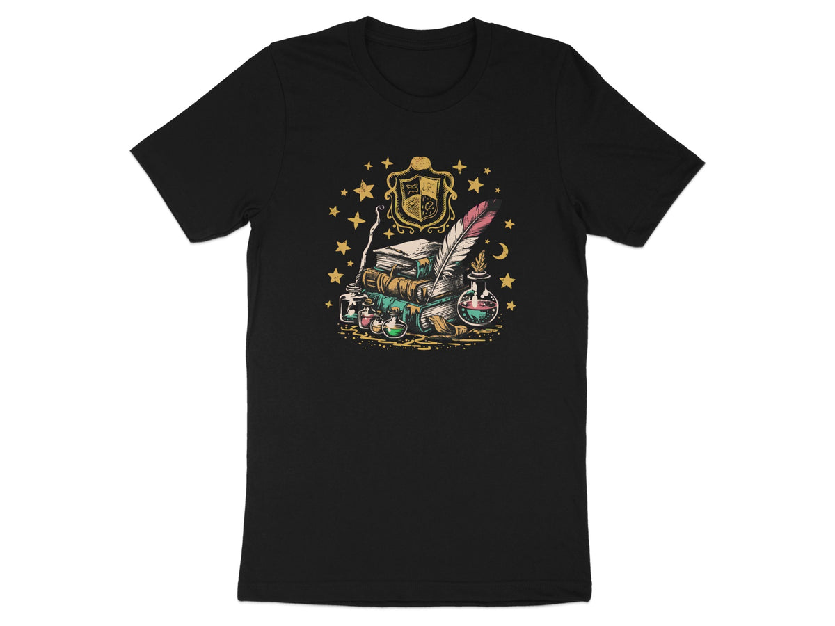 Black t-shirt with stack of books, potions, quill, and crest design.