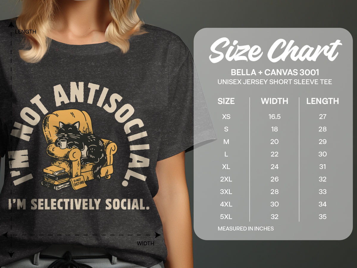 T-shirt with black cat on chair, text "I'm Not Antisocial" and "I'm Selectively Social".