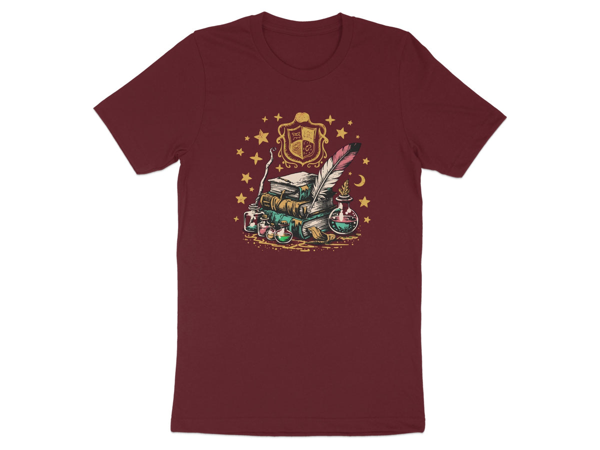 Maroon t-shirt with stacked books, feather quill, potions, and a crest.