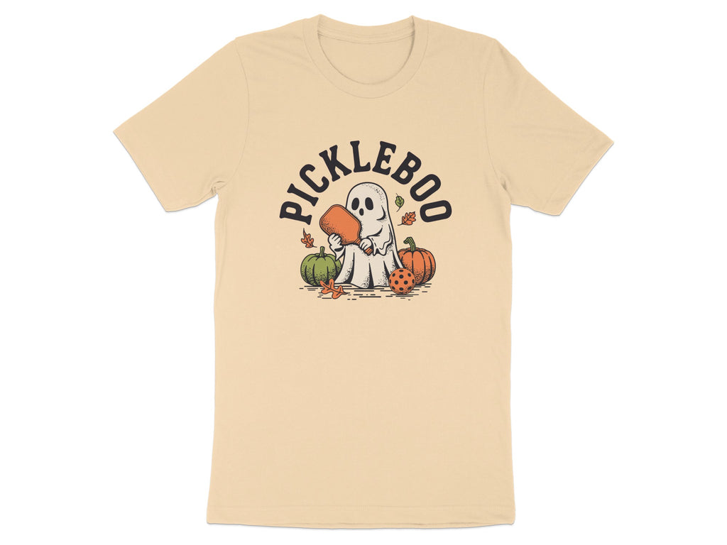 Ghost holding pickleball paddle with text "PICKLEBOO" and pumpkins.