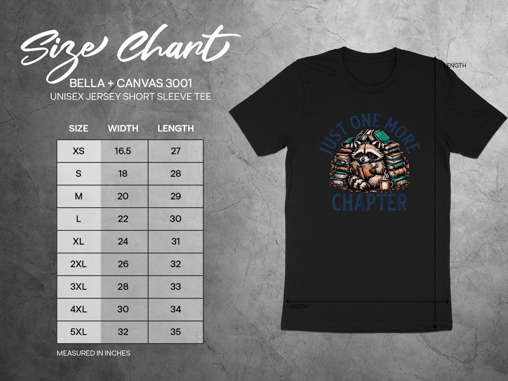 Size chart for Bella + Canvas 3001 unisex short sleeve tee with raccoon graphic.