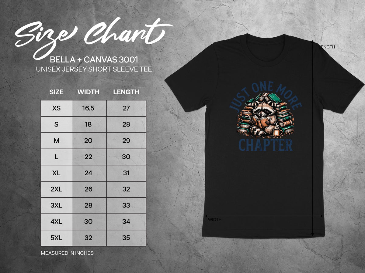 Size chart for Bella + Canvas 3001 unisex short sleeve tee with raccoon graphic.