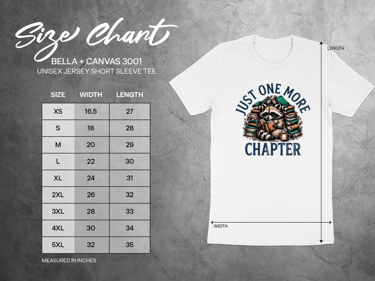 BELLA + CANVAS 3001 unisex tee size chart with raccoon reading books graphic.