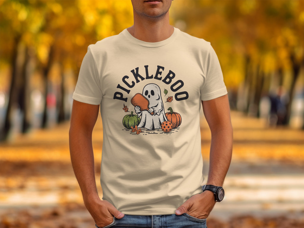Cream t-shirt with "PICKLEBOO" text, a ghost, and fall pumpkins.