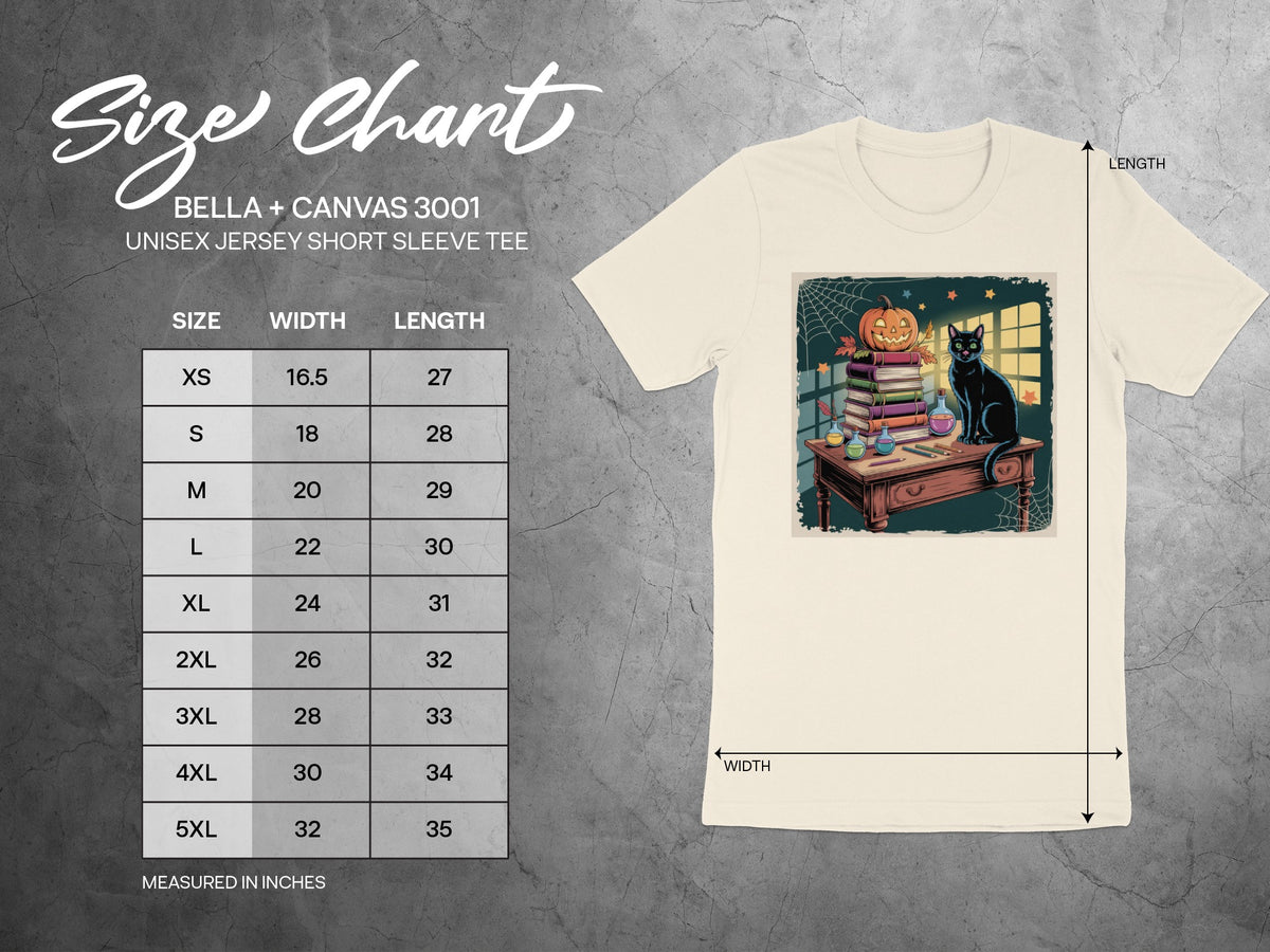 Bella + Canvas 3001 size chart for unisex jersey short sleeve tee with width and length measurements.