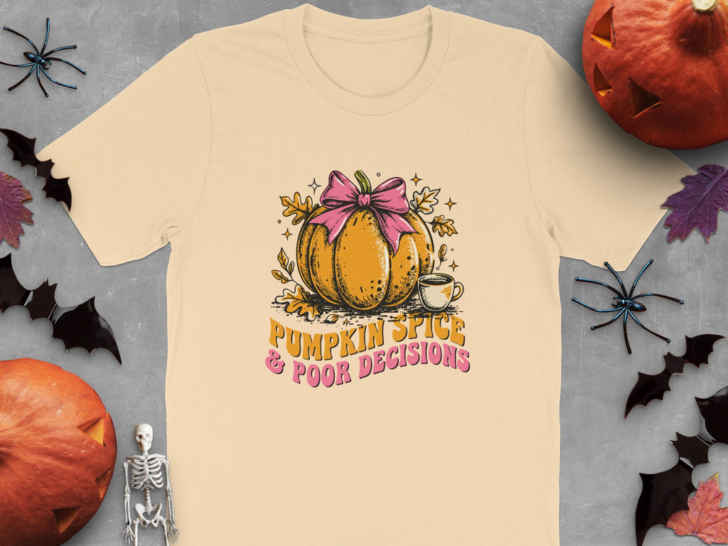 Cream t-shirt with pumpkin, cup, and "Pumpkin Spice & Poor Decisions" text.