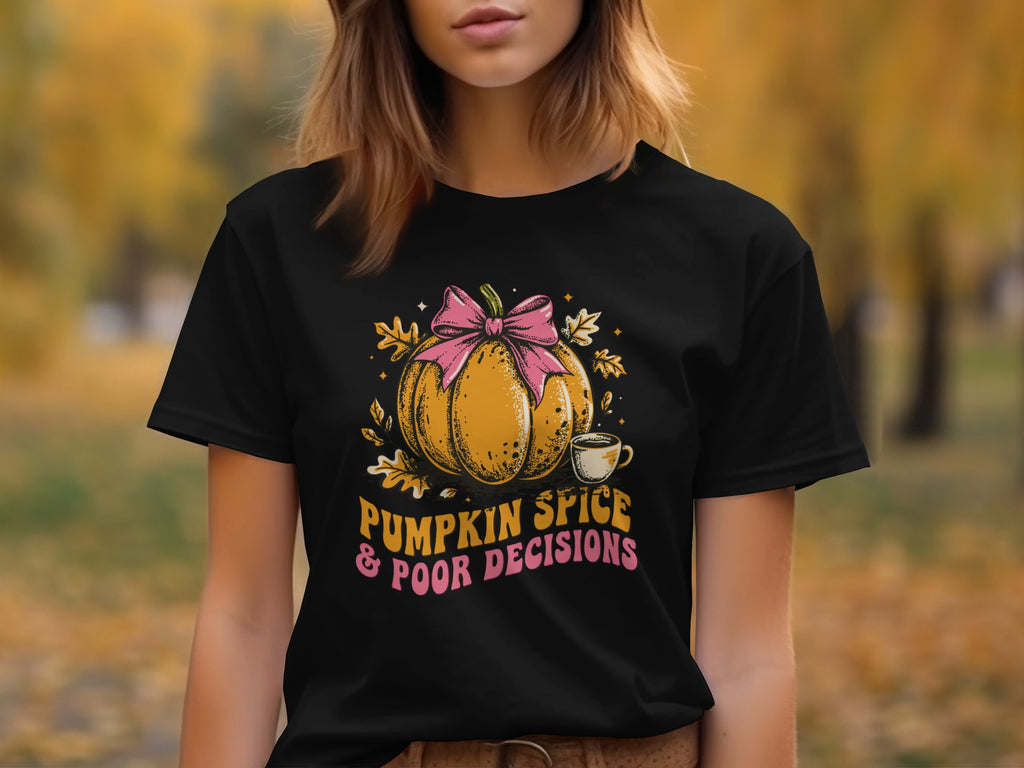 Black t-shirt with pumpkin, bow, coffee cup, and text "Pumpkin Spice & Poor Decisions."
