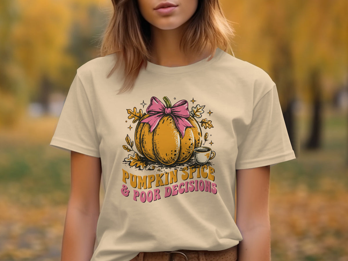 Graphic of pumpkin with bow and text "PUMPKIN SPICE & POOR DECISIONS."