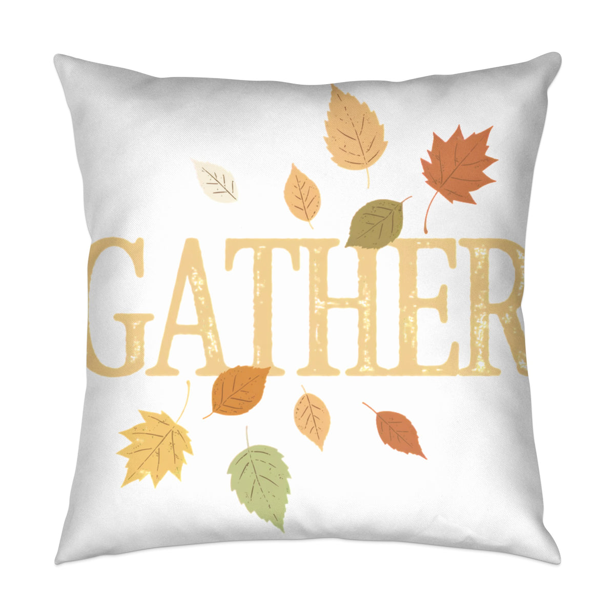 White pillow with "GATHER" text and falling autumn leaves.