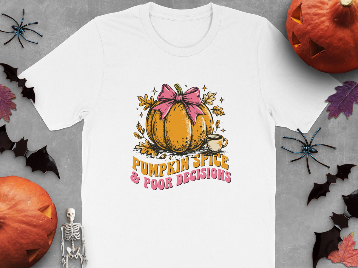 White t-shirt with "Pumpkin Spice & Poor Decisions" text and pumpkin graphic.