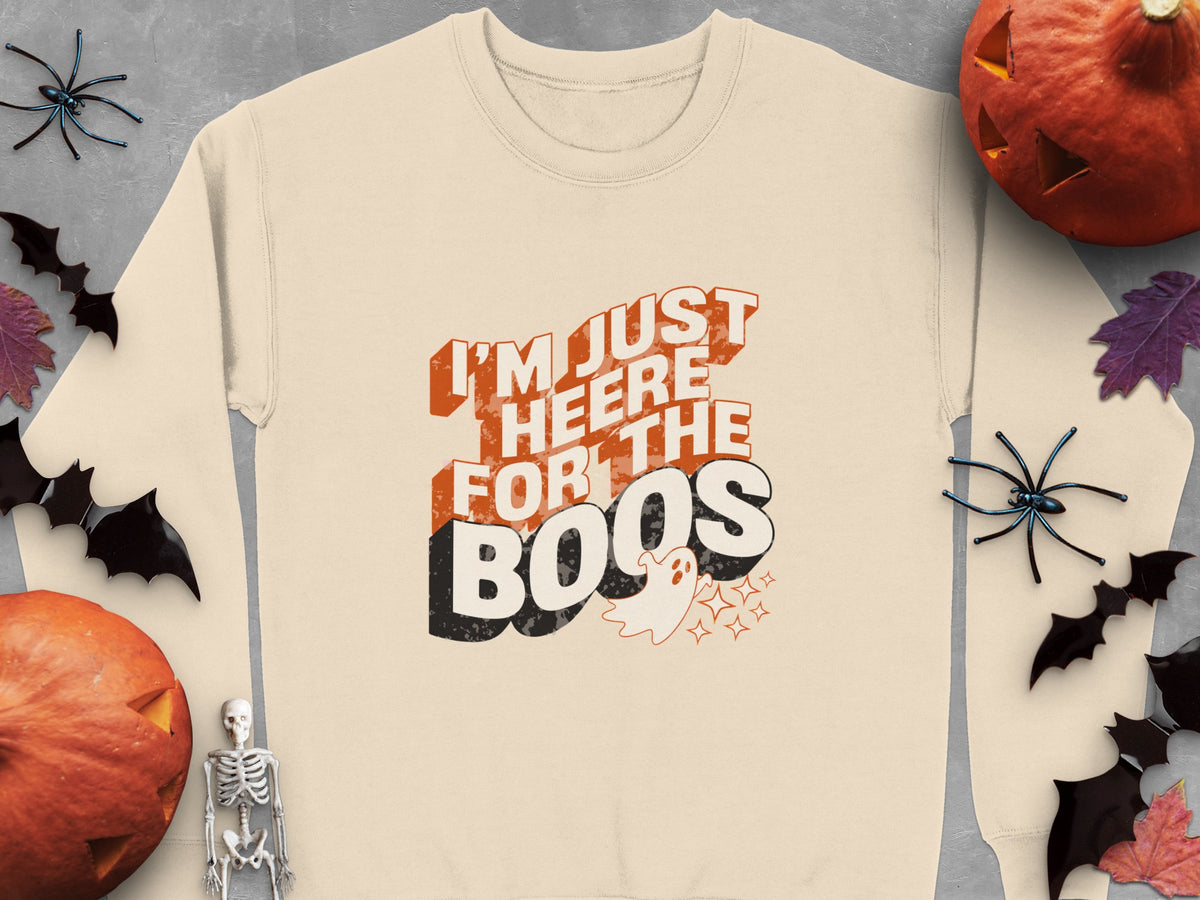 Light cream sweatshirt with "I'm Just Heere for the Boos" Halloween graphic.