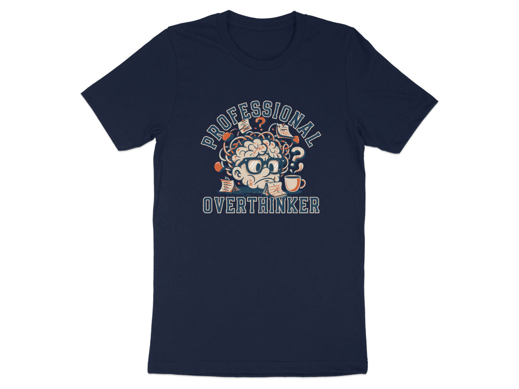 Navy t-shirt with "PROFESSIONAL OVERTHINKER" graphic featuring a brain with glasses.