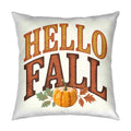 Pillow with "HELLO FALL" text, pumpkin, and autumn leaves.