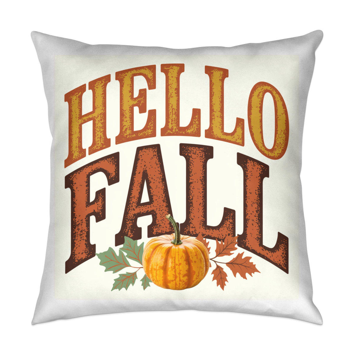 Pillow with "HELLO FALL" text, pumpkin, and autumn leaves.
