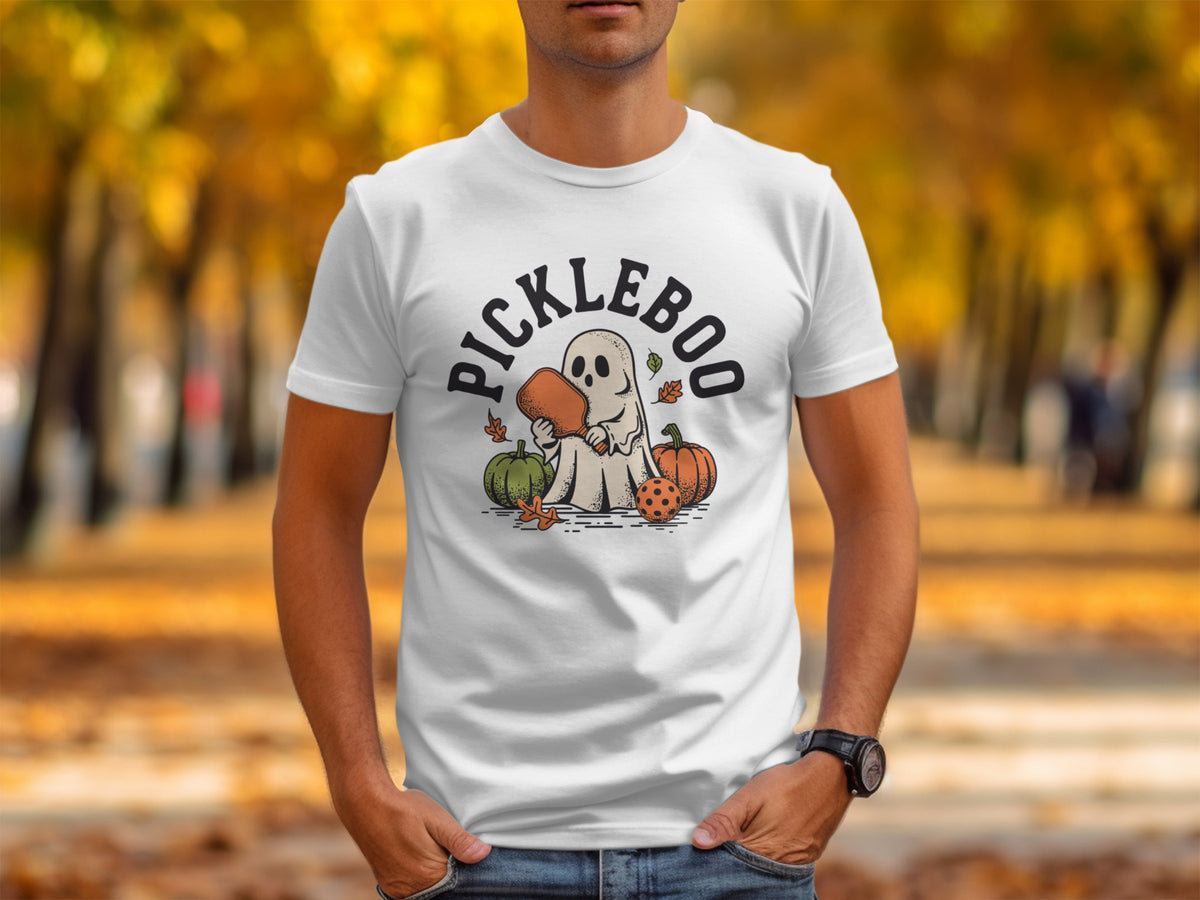 White t-shirt with ghost character and "Pickleboo" text, featuring pumpkins and leaves.