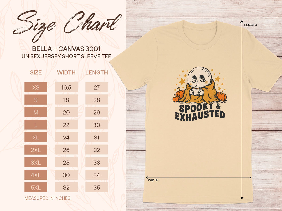 Size chart for Bella + Canvas 3001 unisex tee with "Spooky & Exhausted" ghost graphic.