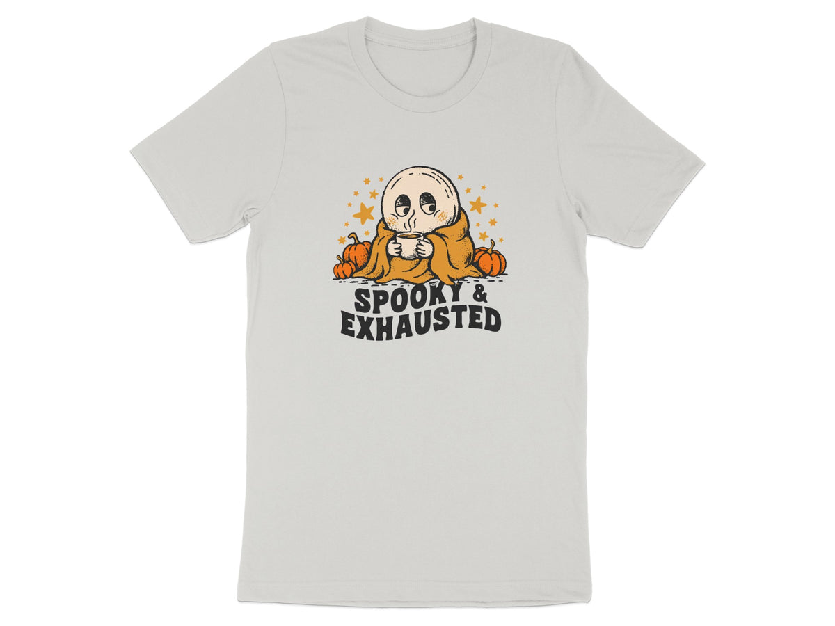 Ghost with pumpkins and stars, text "SPOOKY & EXHAUSTED".