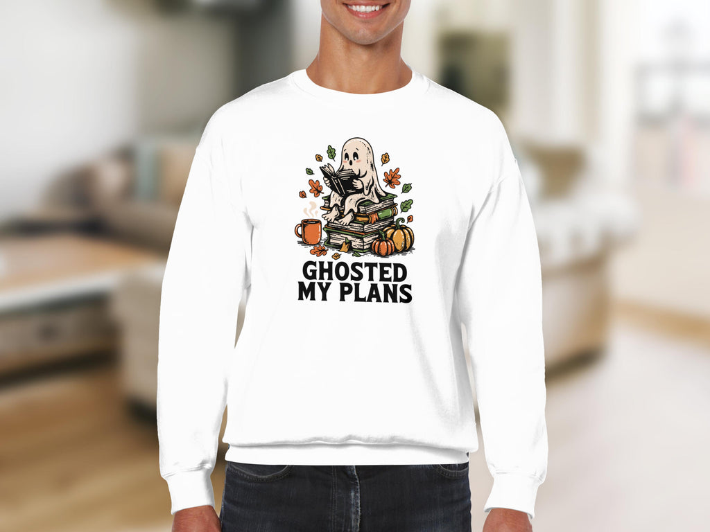 White sweatshirt with a ghost reading on books, saying "Ghosted My Plans."