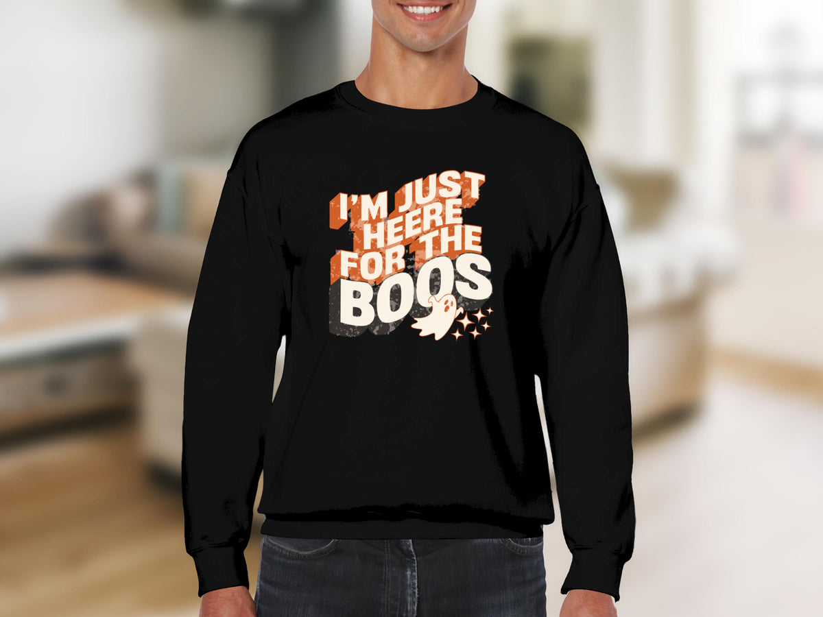 Black sweatshirt with "I'm just heere for the boos" and a ghost graphic.