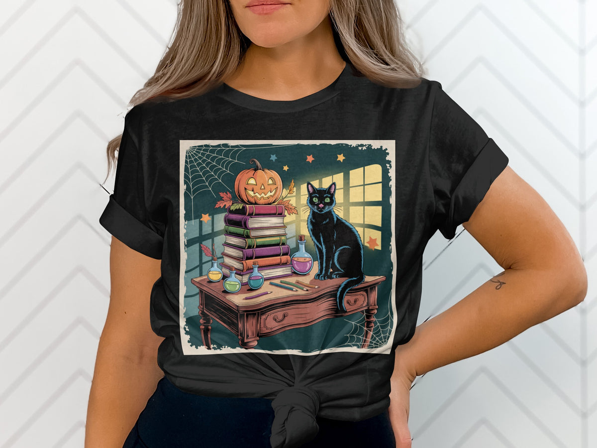 Black cat and jack-o'-lantern on books beside potions and pencils.