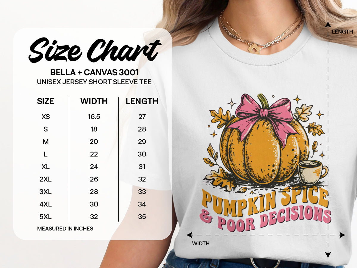 Size chart for Bella + Canvas 3001 unisex tee with pumpkin graphic and text.