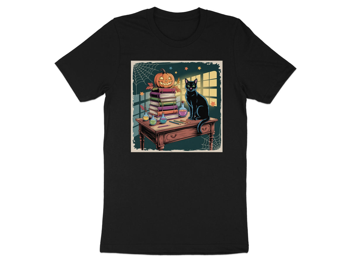 Black cat sits on a desk with a stack of books, jack-o'-lantern, and potions.