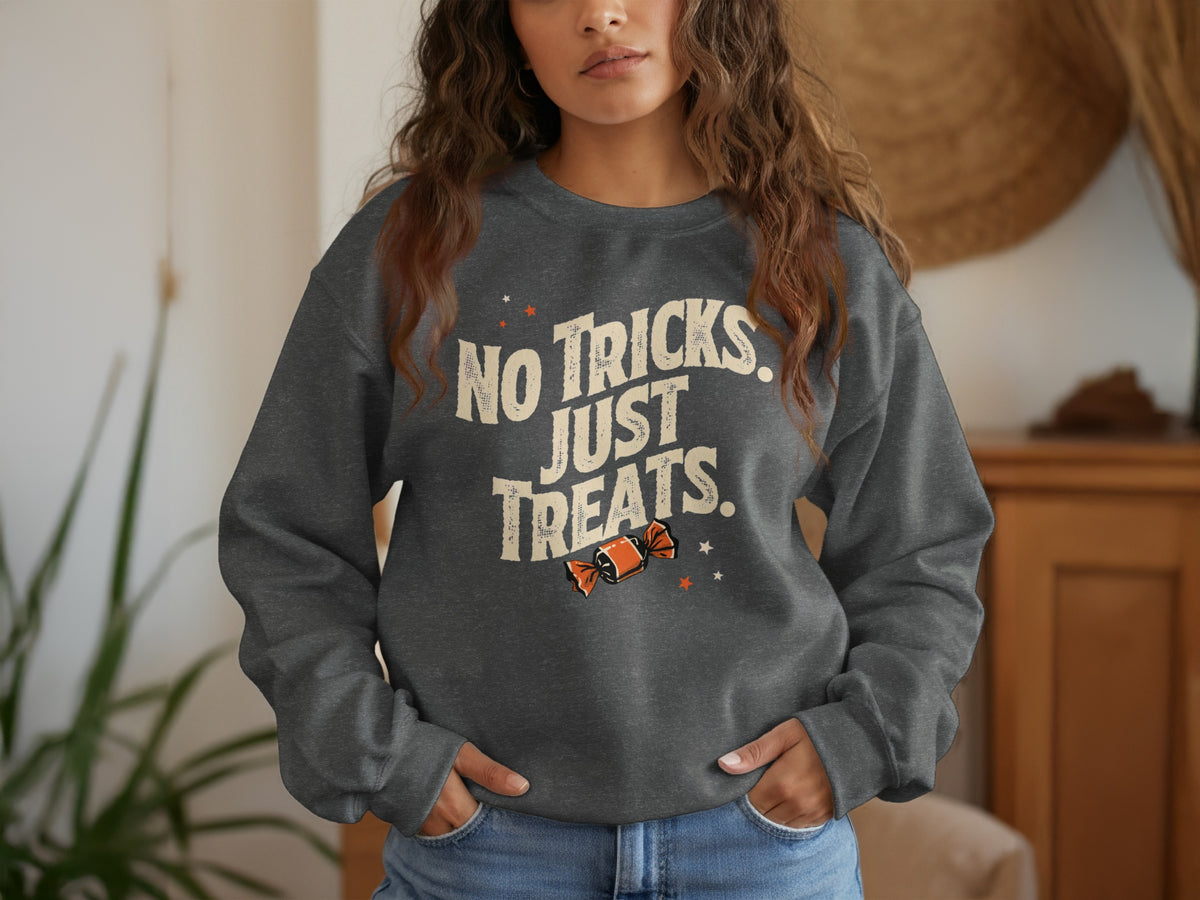 Dark grey sweatshirt with "No Tricks, Just Treats" text and a candy graphic.