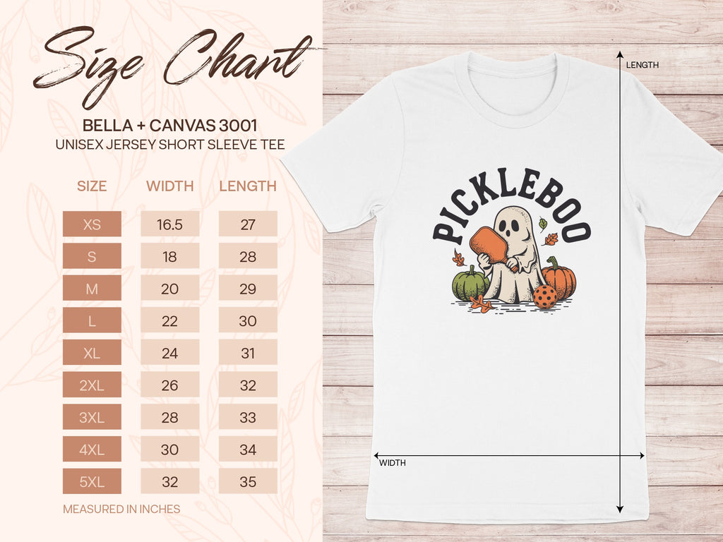BELLA + CANVAS 3001 unisex tee size chart with ghost graphic.