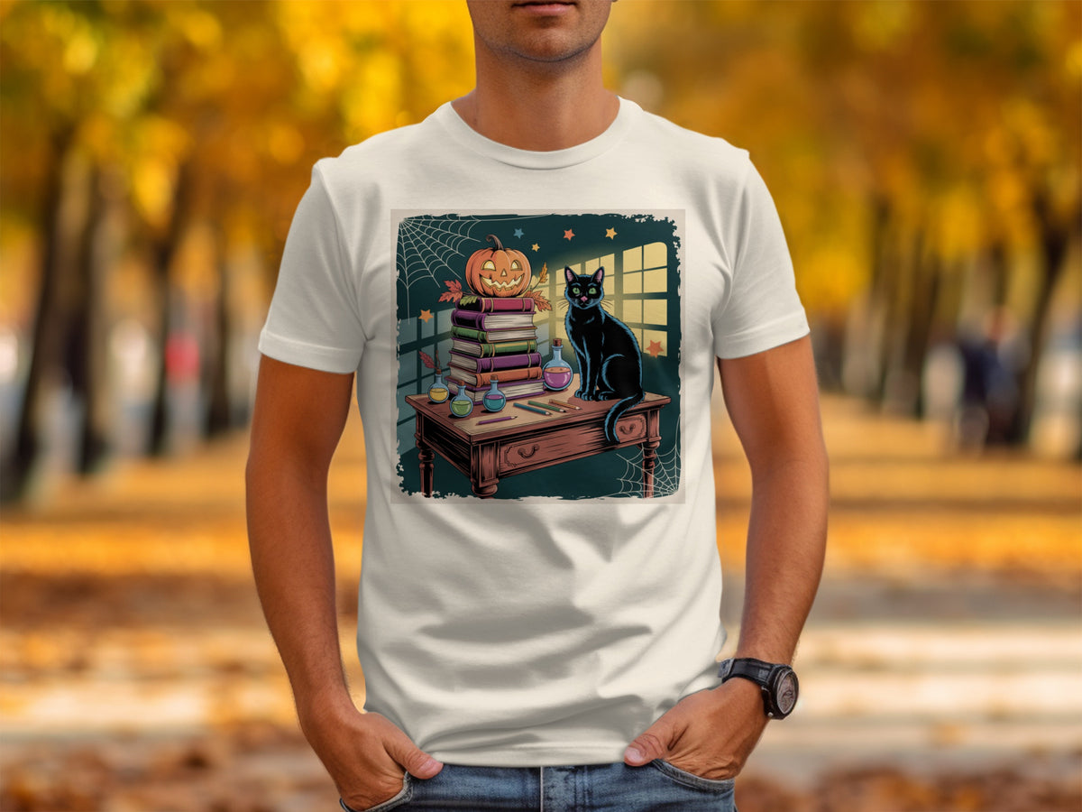T-shirt graphic with black cat, pumpkin, books, and potions on a desk.