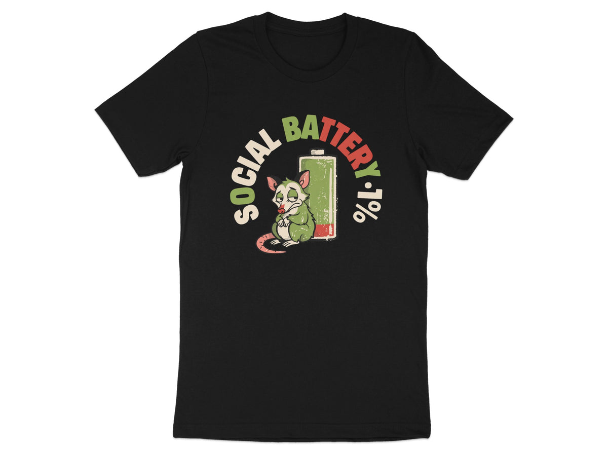 Black t-shirt with a distressed graphic of a possum next to a social battery at 1%.
