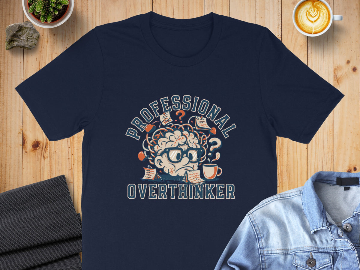 Navy t-shirt with "PROFESSIONAL OVERTHINKER" text and a distressed cartoon brain graphic.