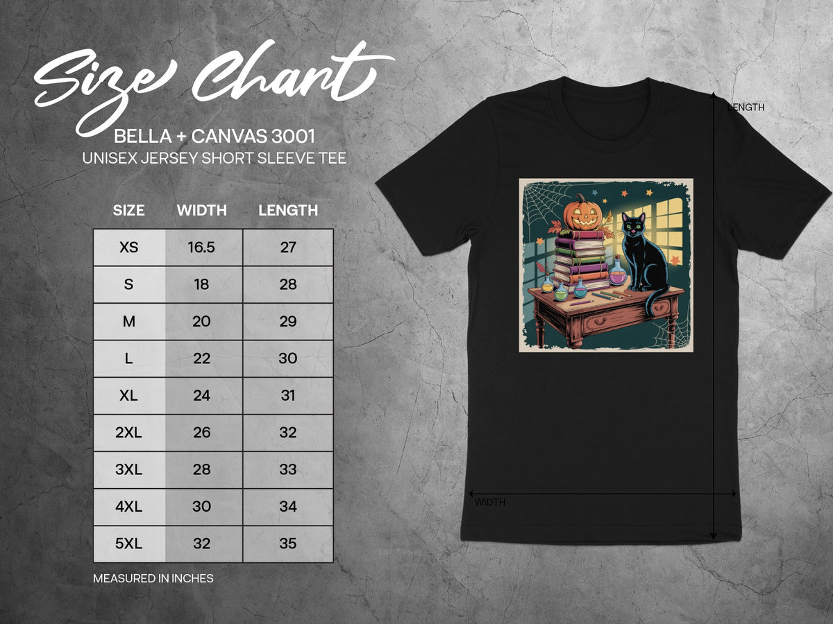 Bella + Canvas 3001 unisex jersey short sleeve tee size chart in inches.
