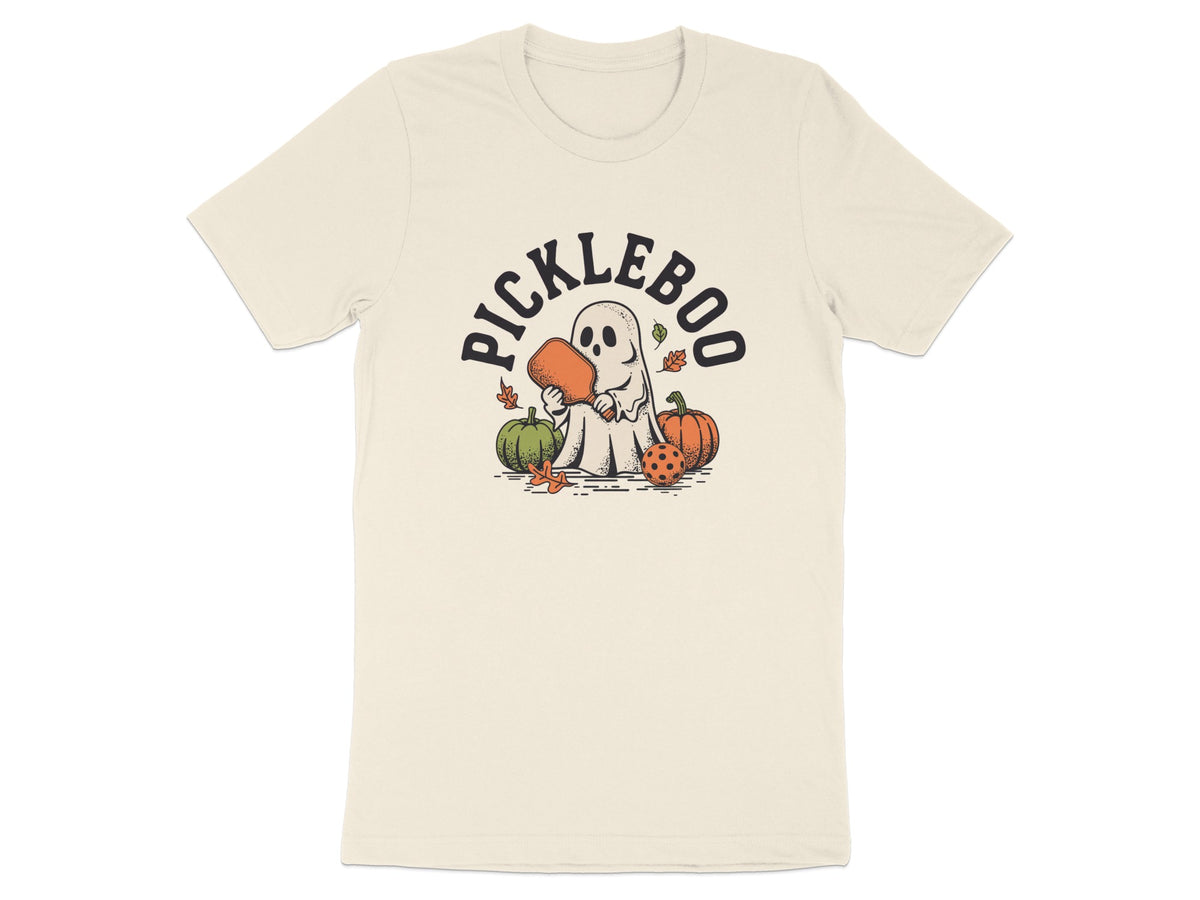 Ghost holding pickleball paddle with "Pickleboo" text, pumpkins, and leaves.