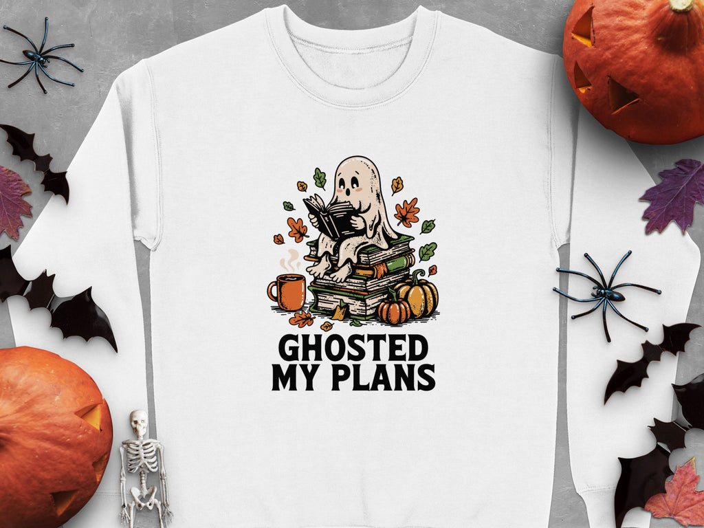 Ghosted My Plans text with a ghost reading books and Halloween decorations.
