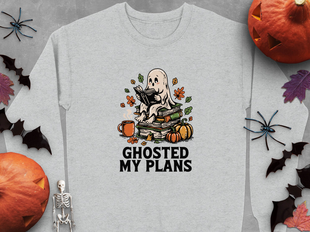 Ghost reading a book on books with text "Ghosted My Plans".