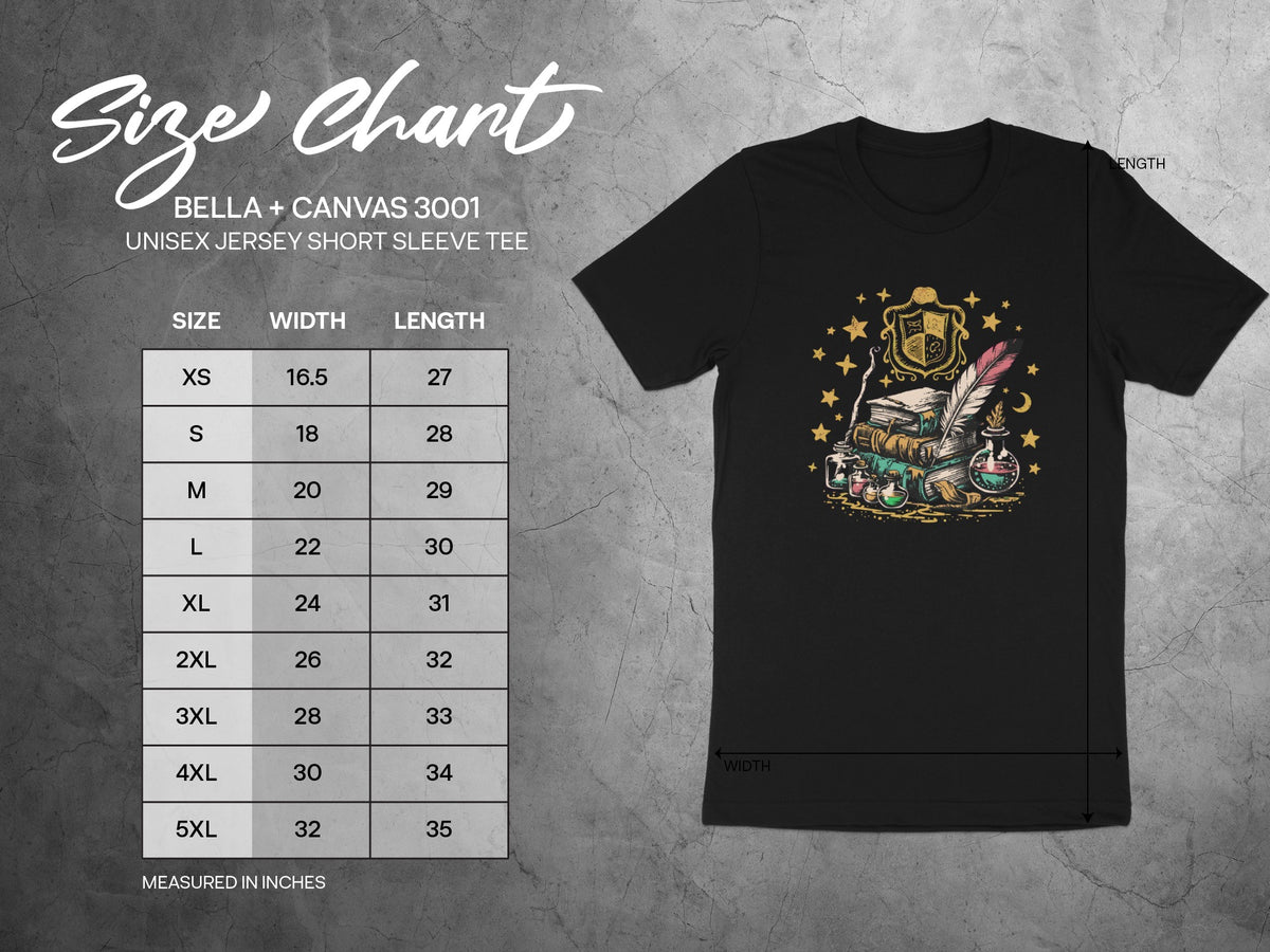 Size chart for Bella + Canvas 3001 unisex jersey short sleeve tee.