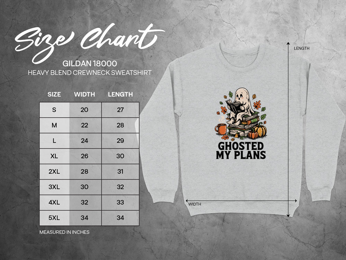 Gildan 18000 size chart for heavy blend crewneck sweatshirt with ghost graphic.