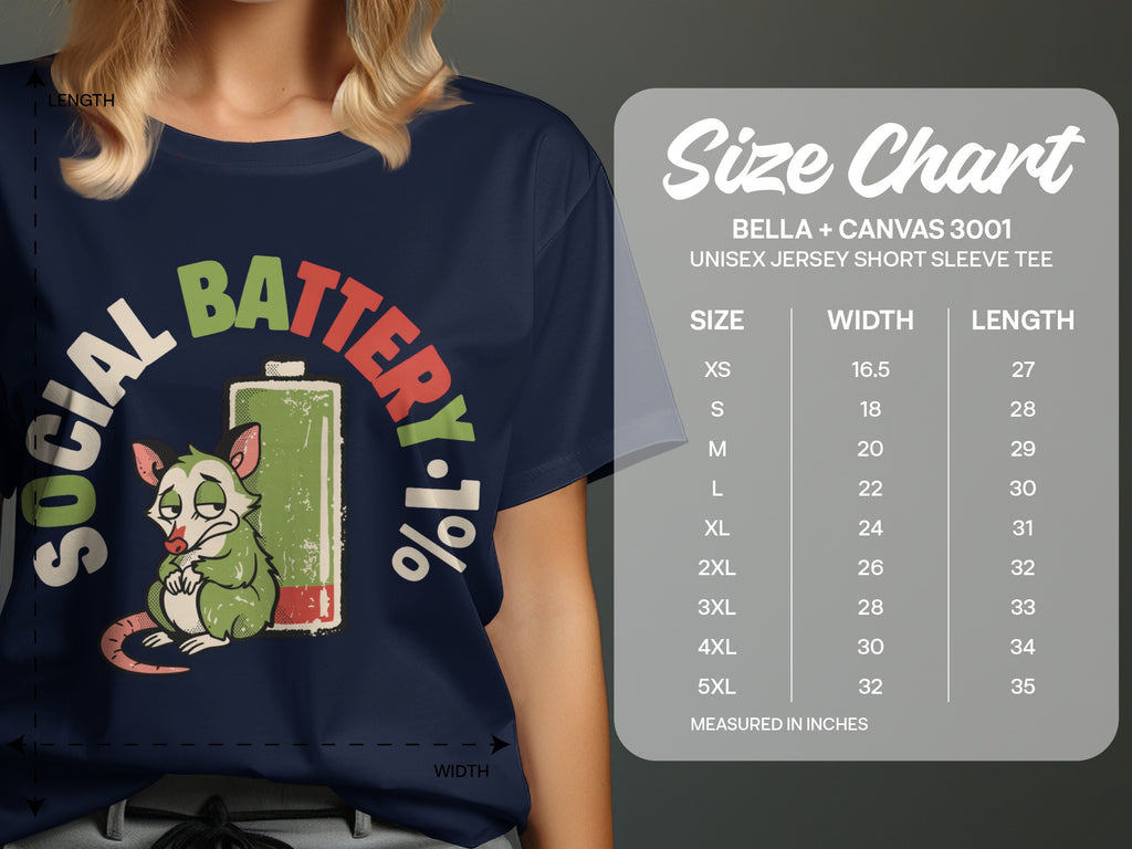 Navy t-shirt with a possum and a low battery graphic. Includes size chart.