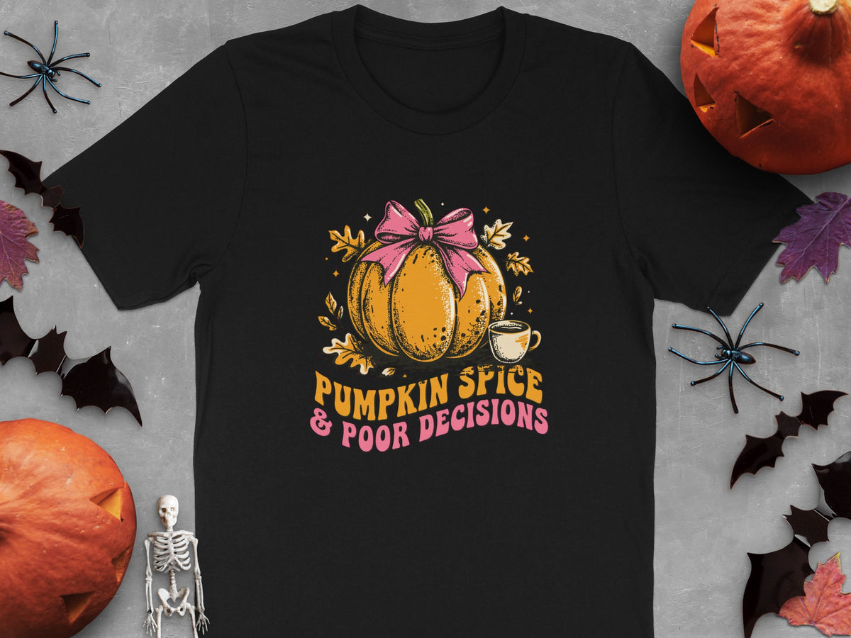 Black t-shirt with a pumpkin graphic and text: "Pumpkin Spice & Poor Decisions."