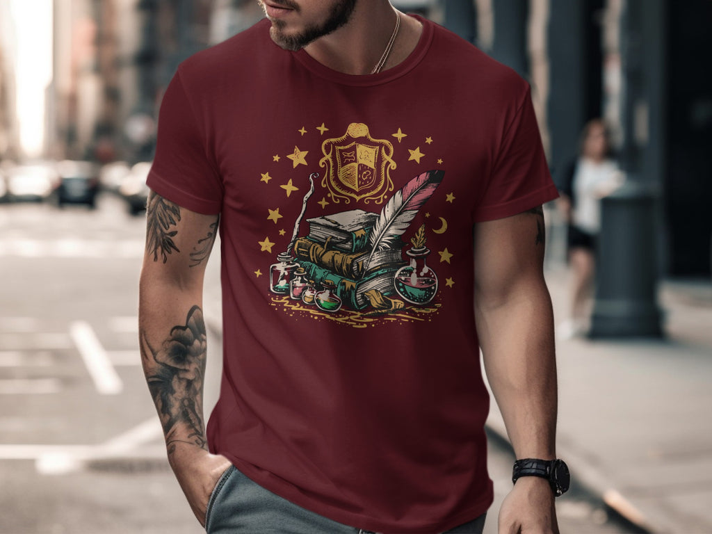 Maroon t-shirt with wizard school crest, books, quill, and potions graphic.