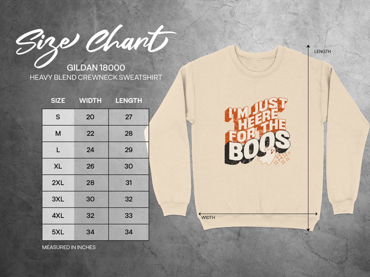 Gildan 18000 size chart with dimensions and cream sweatshirt graphic.