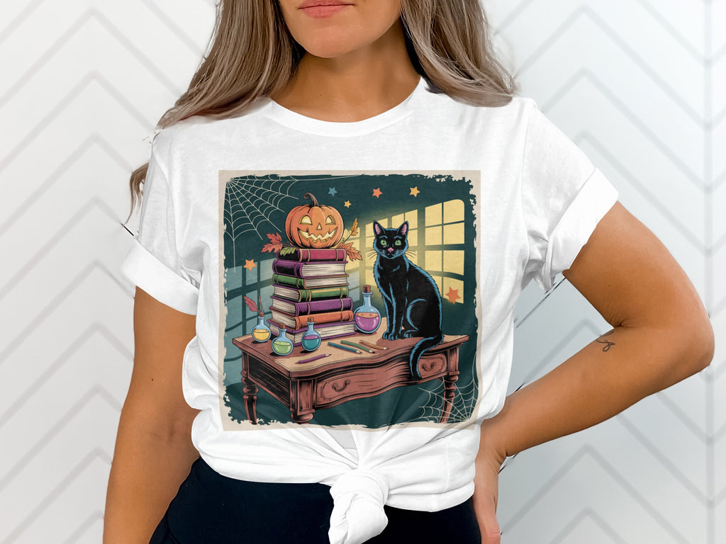 Black cat sits beside pumpkin and books with potion bottles on a table.