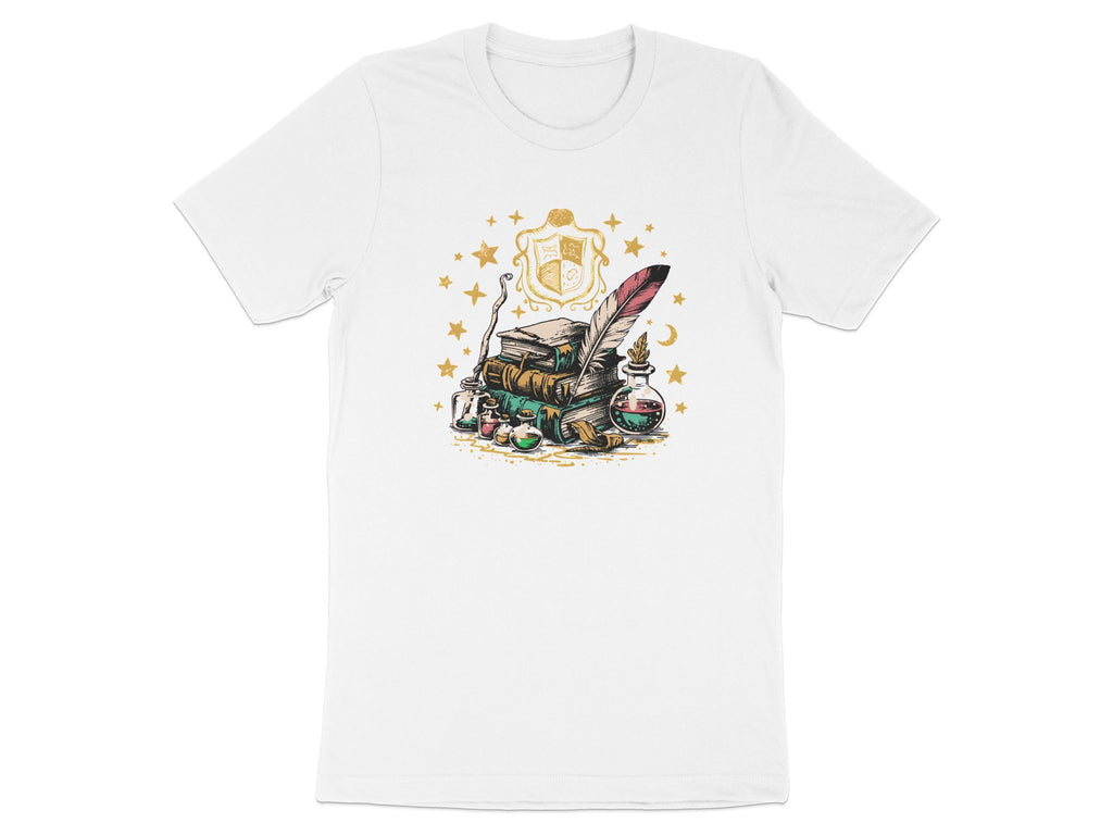 Stack of old books, quill, inkwell, potions, and a crest surrounded by stars.