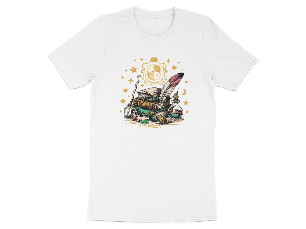 Stack of old books, quill, inkwell, potions, and a crest surrounded by stars.