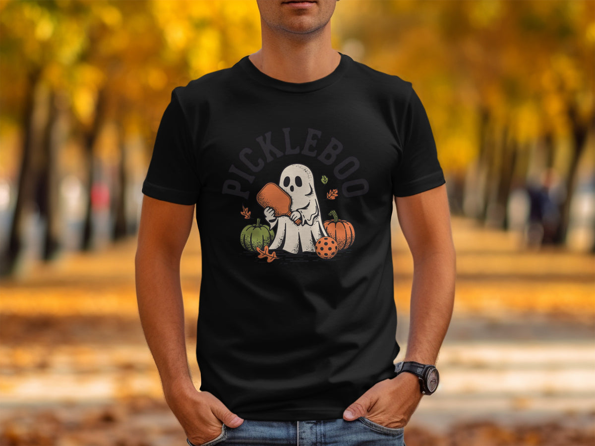 Black t-shirt with pickleball ghost graphic and pumpkins, text "PICKLEBOO".