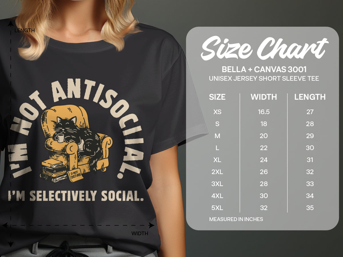 Dark t-shirt with cat graphic and "I'm selectively social" text, plus size chart.