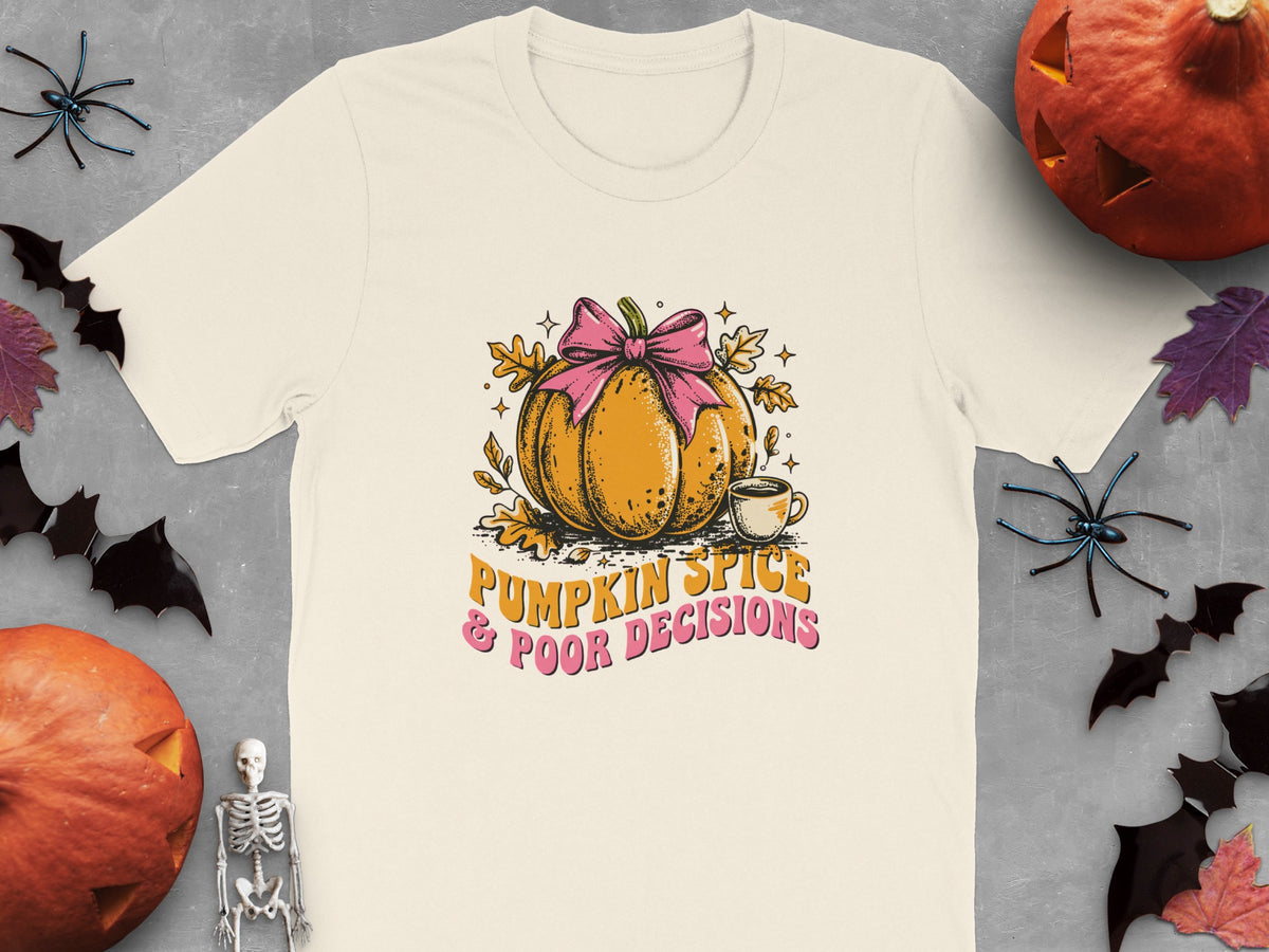 Cream t-shirt with pumpkin graphic and text "Pumpkin Spice & Poor Decisions".